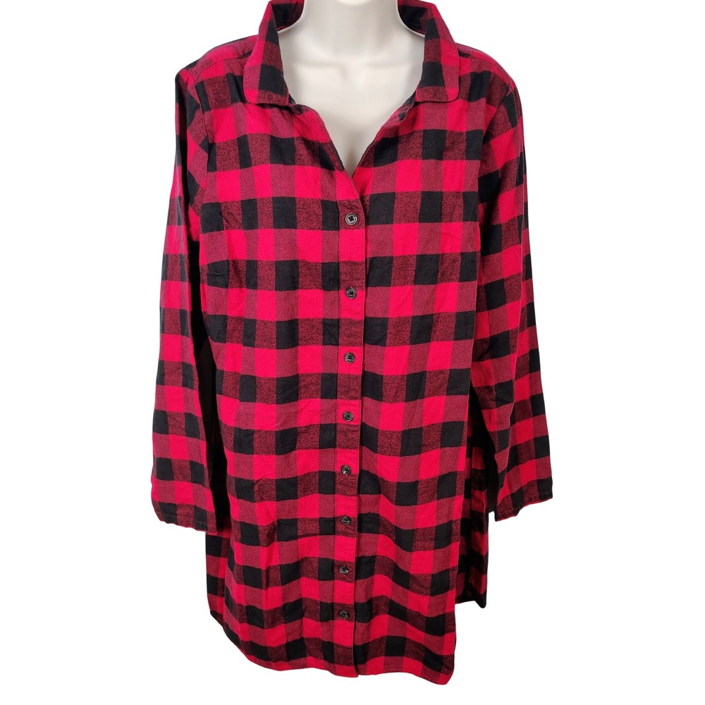 Old Ranch Womens L Buffalo Plaid Flannel Tunic Red Black Cotton Gorpcore